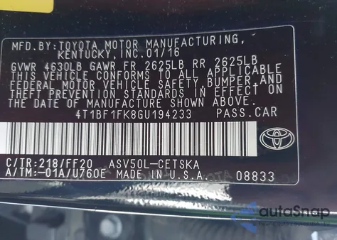 2016 Toyota Camry Se from USA, damaged, VIN 4T1BF1FK8GU194233
